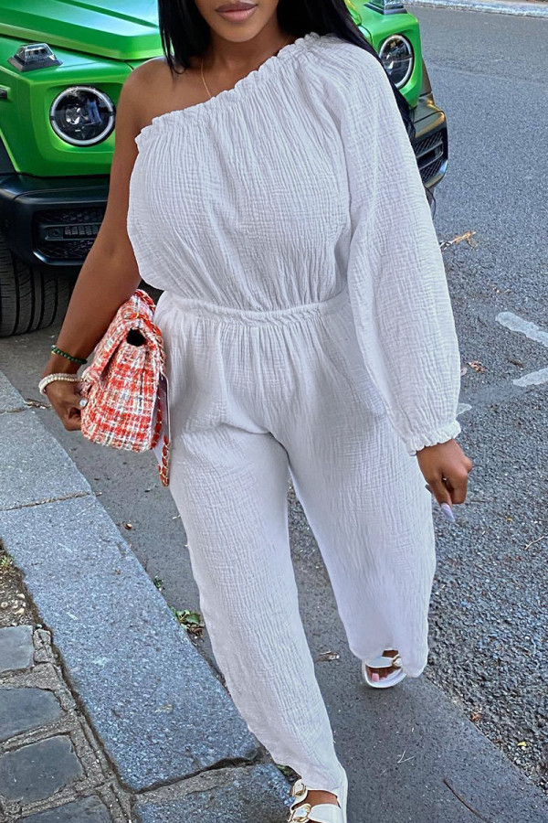 White Casual Solid Color Patchwork Backless Oblique Collar Loose Jumpsuits