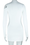 White Sexy Solid Color Hollow Out Patchwork O Neck Wrapped Skirt Dresses