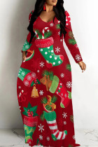 Red Green Casual Print Basic V Neck Long Dresses
