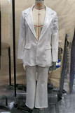 White Casual Solid Color Sequins Buttons Patchwork Turndown Collar Long Sleeve Two Pieces
