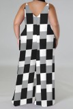 Black White Casual Print Backless Spaghetti Strap Plus Size Jumpsuits (With Headscarf)