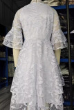 White Elegant Solid Color Patchwork Mesh Zipper O Neck Long Dresses