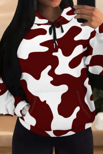 Burgundy Casual Camouflage Print Draw String Pocket Patchwork Hooded Tops