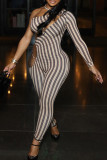 Khaki Casual Stripe Hollow Out Patchwork Asymmetrical Collar Skinny Jumpsuits