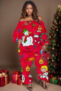 Red Casual Santa Claus Print Backless Off Shoulder Regular Jumpsuits
