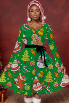 Green Casual Print With Belt V Neck A Line Dresses