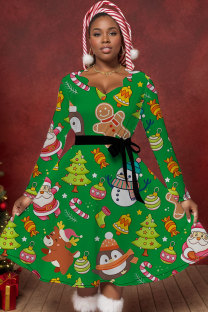 Green Casual Print With Belt V Neck A Line Dresses