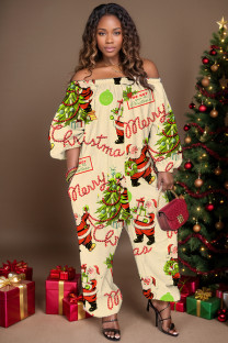 Apricot Casual Santa Claus Print Backless Off Shoulder Regular Jumpsuits