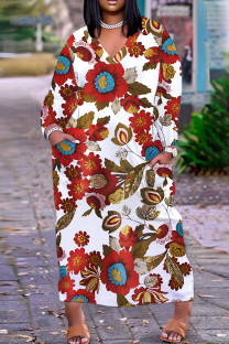 Red-brown Casual Floral Print Basic V Neck Long Plus Size Dresses