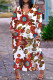 Red-brown Casual Floral Print Basic V Neck Long Plus Size Dresses
