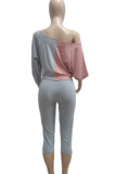 Pink Gray Casual Draw String Patchwork Contrast Oblique Collar Long Sleeve Two Pieces