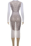 White Casual Print Patchwork O Neck Long Dresses