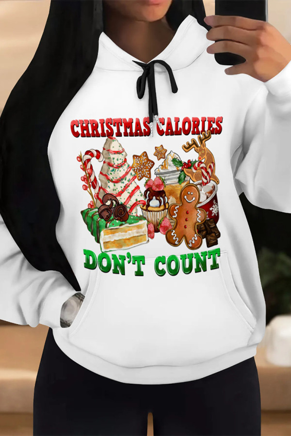 White Green Casual Christmas Tree Letter Print Bow Draw String Pocket Hooded Tops