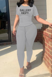 Khaki Casual Street Letter Print O Neck Long Sleeve Two Pieces