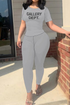 Grey Casual Street Letter Print O Neck Long Sleeve Two Pieces