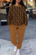 Brown Casual Street Letter Print Draw String Pocket Contrast O Neck Long Sleeve Two Pieces