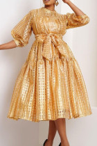 Yellow Elegant Solid Color Patchwork Strap Design O Neck A Line Dresses