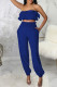 Blue Casual Solid Color Pocket Patchwork Backless Strapless Two Pieces