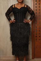 Black Elegant Solid Color Lace Fringed Trim Patchwork Asymmetrical Collar Long Dresses
