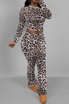 Khaki Casual Print Patchwork O Neck Long Sleeve Two Pieces