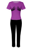 Purple Casual Street Skull Finger Print Contrast O Neck Short Sleeve Two Pieces