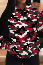 Red Casual Camouflage Print Draw String Pocket Patchwork Hooded Tops
