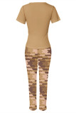 Khaki Casual Street Plaid Letter Print Contrast O Neck Short Sleeve Two Pieces
