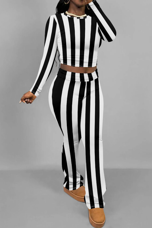 Black Casual Print Patchwork O Neck Long Sleeve Two Pieces