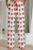 Powder White Casual Print Draw String Pocket Patchwork Loose Mid Waist Straight Full Print Bottoms
