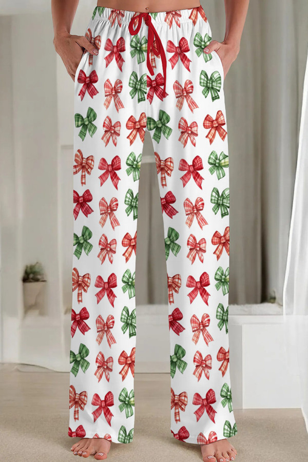 White Casual Print Draw String Pocket Patchwork Loose Mid Waist Straight Full Print Bottoms
