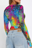 Pink Casual Street Splashed ink printing Contrast O Neck Tops