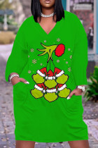 Apple Green Casual Cartoon Print Pocket Basic V Neck Long Sleeve Plus Size Dresses