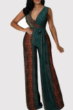 Red Casual Print Patchwork Strap Design Deep V Neck Loose Jumpsuits
