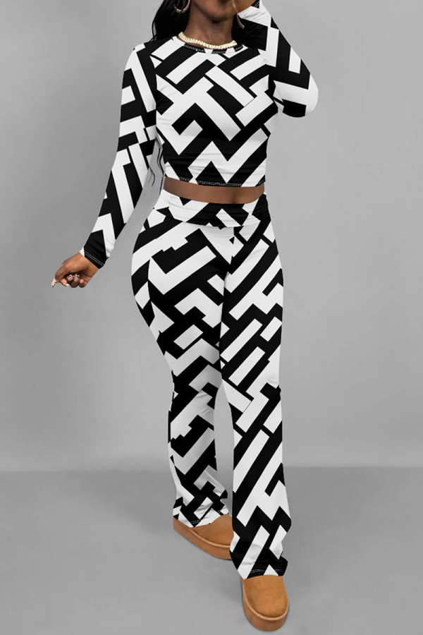 Multicolor Casual Print Patchwork O Neck Long Sleeve Two Pieces