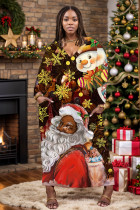 Brown Casual Santa Claus Cartoon Print Pocket V Neck Long Plus Size Dresses