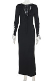 Black Sexy Solid Color Hollow Out Patchwork Cross Straps Deep V Neck Long Dresses