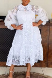 White Elegant Solid Color Lace Patchwork Mesh Turndown Collar Long Dresses