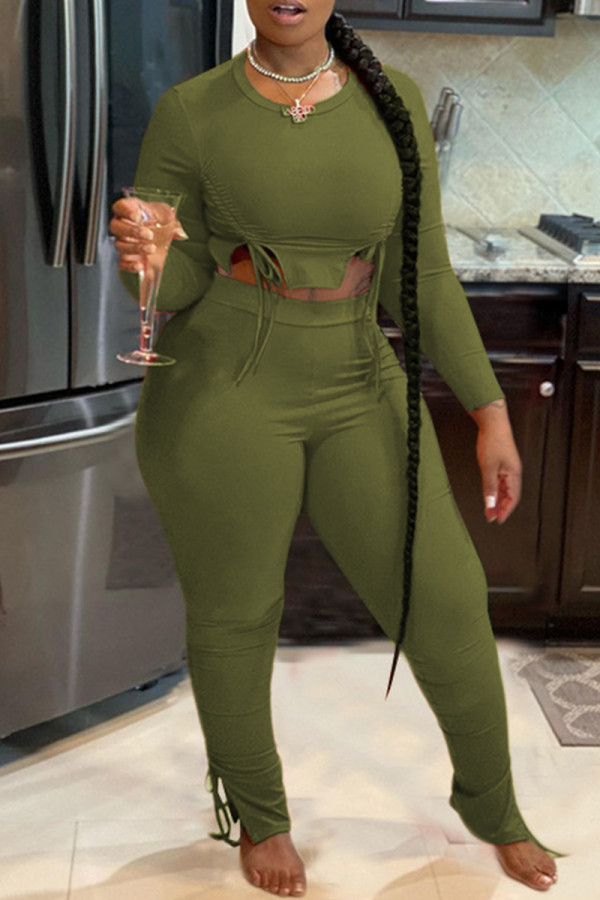 Army Green Casual Solid Color Draw String Patchwork O Neck Long Sleeve Two Pieces