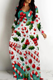 White Casual Print Basic V Neck Long Dresses
