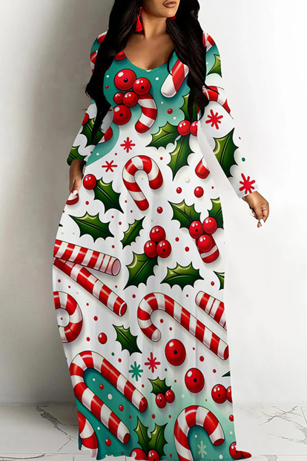 White Green Casual Print Basic V Neck Long Dresses