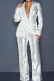 White Casual Solid Color Sequins Buttons Patchwork Turndown Collar Long Sleeve Two Pieces