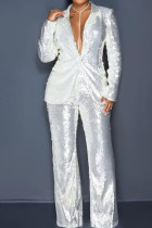 White Casual Solid Color Sequins Buttons Patchwork Turndown Collar Long Sleeve Two Pieces