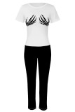 Purple Casual Street Skull Finger Print Contrast O Neck Short Sleeve Two Pieces