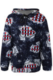 Baby Blue Casual Street Faux Denim Print Draw String Pocket Hooded Tops