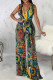 Multicolor Casual Print Patchwork Strap Design Deep V Neck Loose Jumpsuits