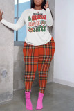 Red Pink Casual Plaid Letter Print Basic O Neck Long Sleeve Two Pieces