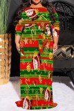 Red Casual Print Basic Belted O Neck Long Plus Size Dresses