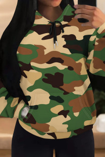 Light Khaki Casual Camouflage Print Draw String Pocket Patchwork Hooded Tops