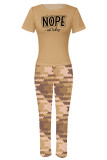 Khaki Casual Street Plaid Letter Print Contrast O Neck Short Sleeve Two Pieces