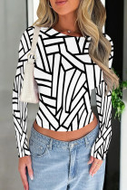 White Casual Stripe Patchwork O Neck Tops